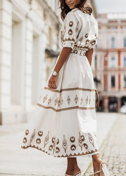 Stylish Green Stand Collar Print Tie Waist Cotton Dress Summer