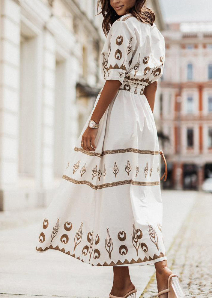 Stylish Green Stand Collar Print Tie Waist Cotton Dress Summer