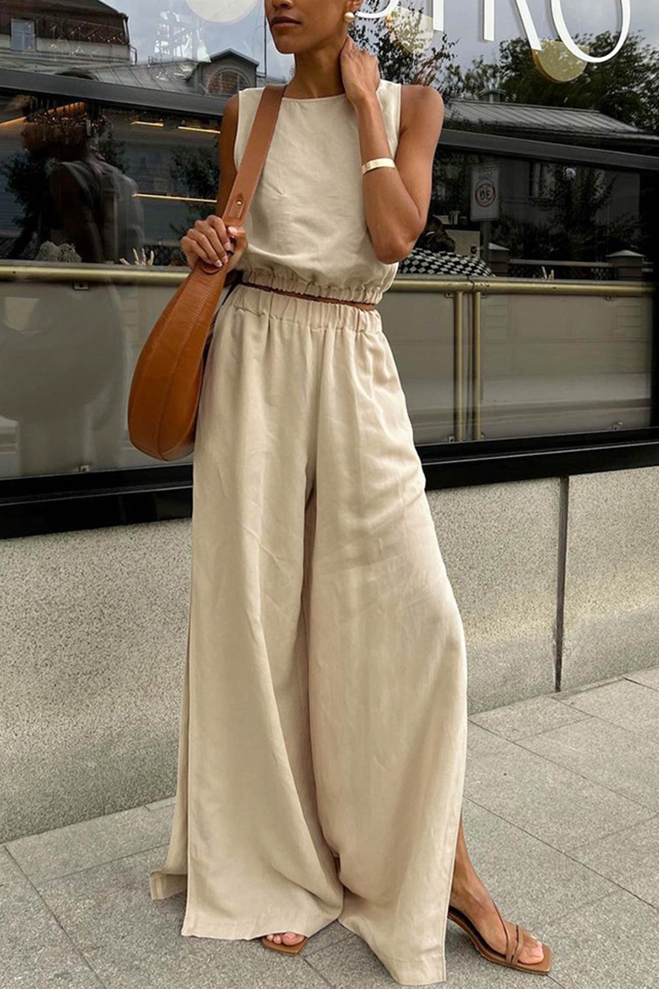 Cotton Linen Tank Top Slit Pants Suits