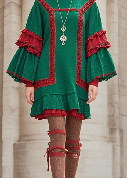 Stylish Green Ruffled Patchwork Cotton Day Dress Flare Sleeve