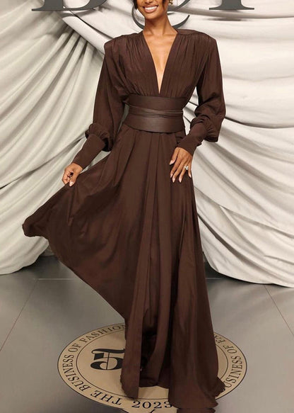 Coffee V Neck Patchwork Slim Fit Cotton Dresses Fall