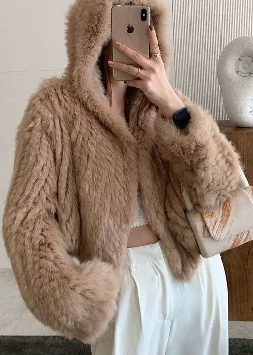 Chocolate Hooded Color Rabbit Hair Knit Jacket Winter