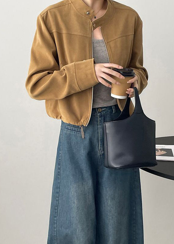 Brown Stand Collar Zippered Faux Suede Coats Fall