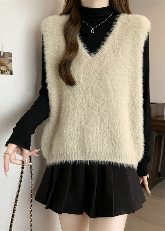 Diy Beige V Neck Cozy Faux Fur Knit Top Fall