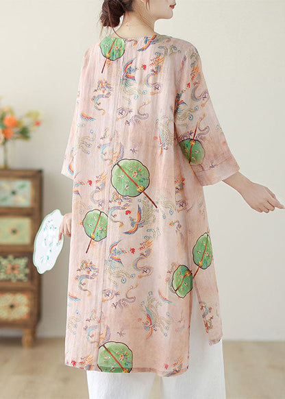 Pink O Neck Print Chinese Button Cotton Mid Dress Summer
