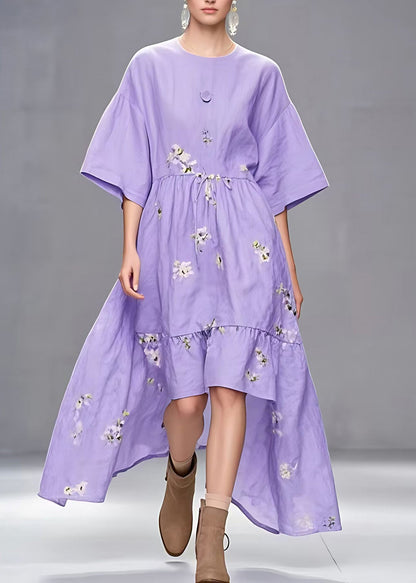 Stylish Purple O-neck Tie Waist Low High Design Maxi Dresses Fall