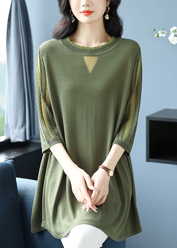 Green O Neck Patchwork Ice Silk Knitted Tops Half Sleeve