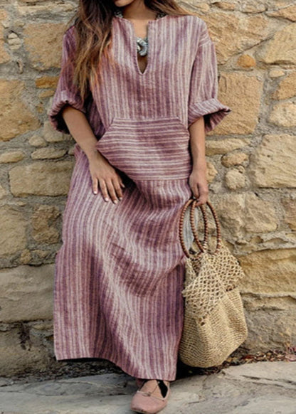 Natural Grey O-neck Striped Patchwork Long Dresses Spring