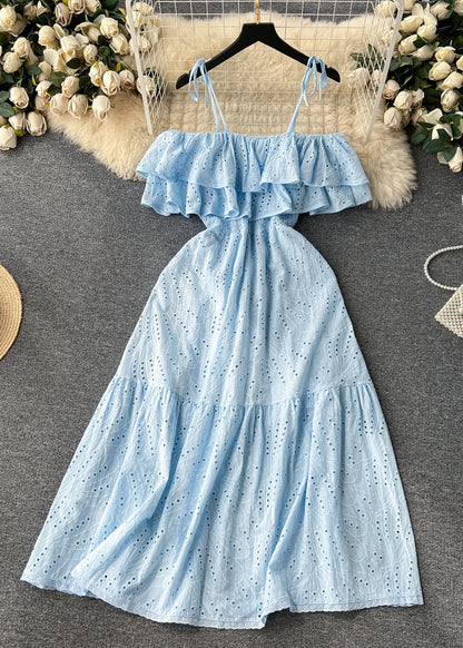 Yellow Slash Neck Hollow Out Cotton Spaghetti Strap Dress Sleeveless