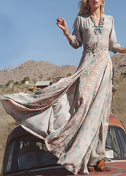 V Neck Print Tassel Chiffon Long Dresses Spring