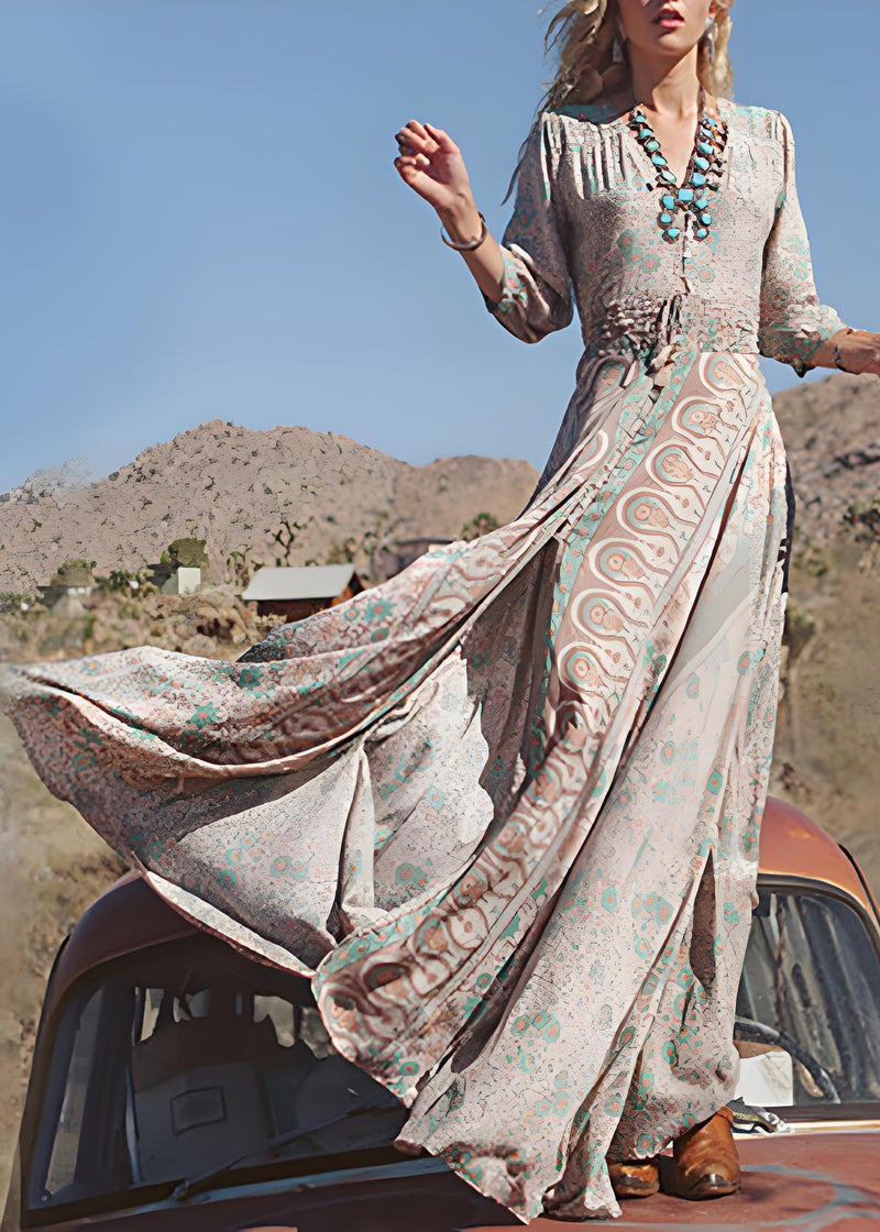 V Neck Print Tassel Chiffon Long Dresses Spring