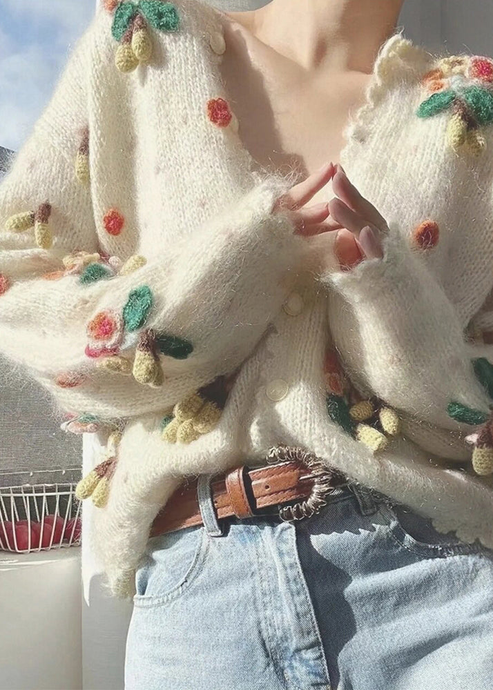 Beige V Neck Button Patchwork Knit Cardigan Winter