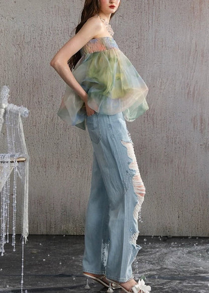 Green Backless Print Chiffon Strapless Vests Summer