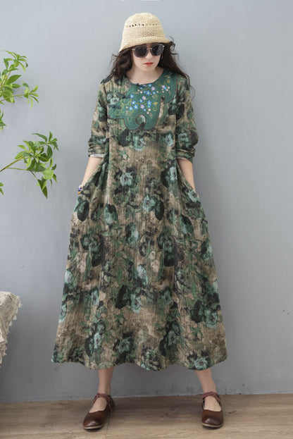 Spring Retro Printed Long Skirt Long Sleeve Cotton Linen Dress