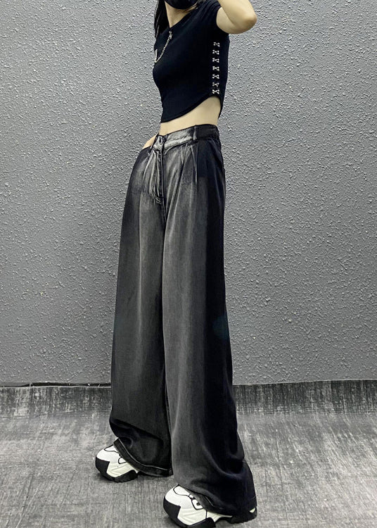 Black Grey Pockets Patchwork Denim Wide Leg Pants Fall