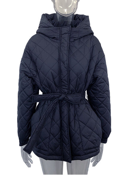 Stylish Black Hooded Tie Waist Fine Cotton Filled Coat Winter