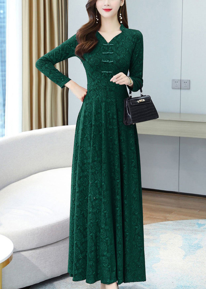 Green Print Chinese Button Cotton Long Dresse Spring