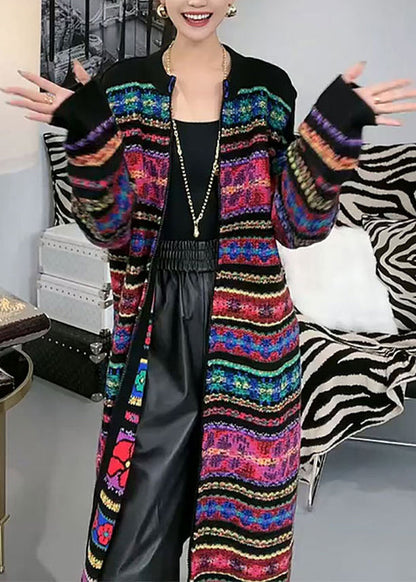New Rainbow O-neck Zip Up Patchwork Knit Cardigans Fall