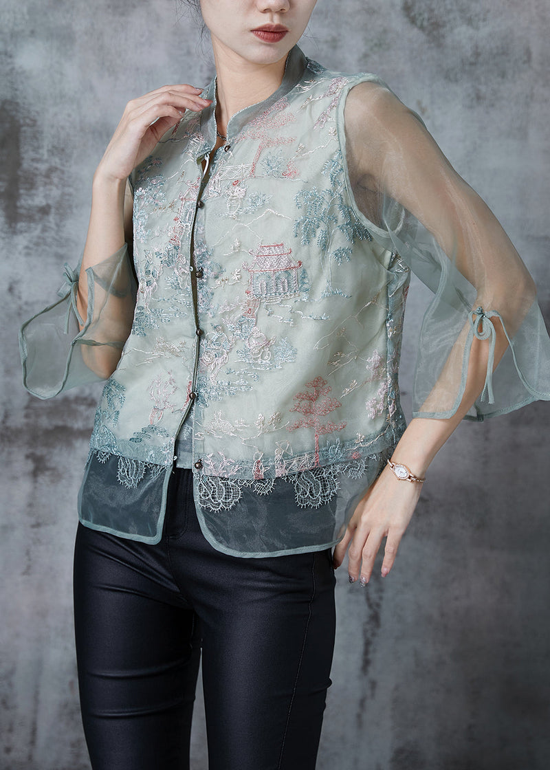 Green Mandarin Collar Embroidered Tulle Shirt Tops Summer