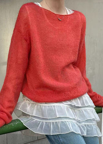 Red Patchworkma Hai Mao Knit Top Long Sleeve