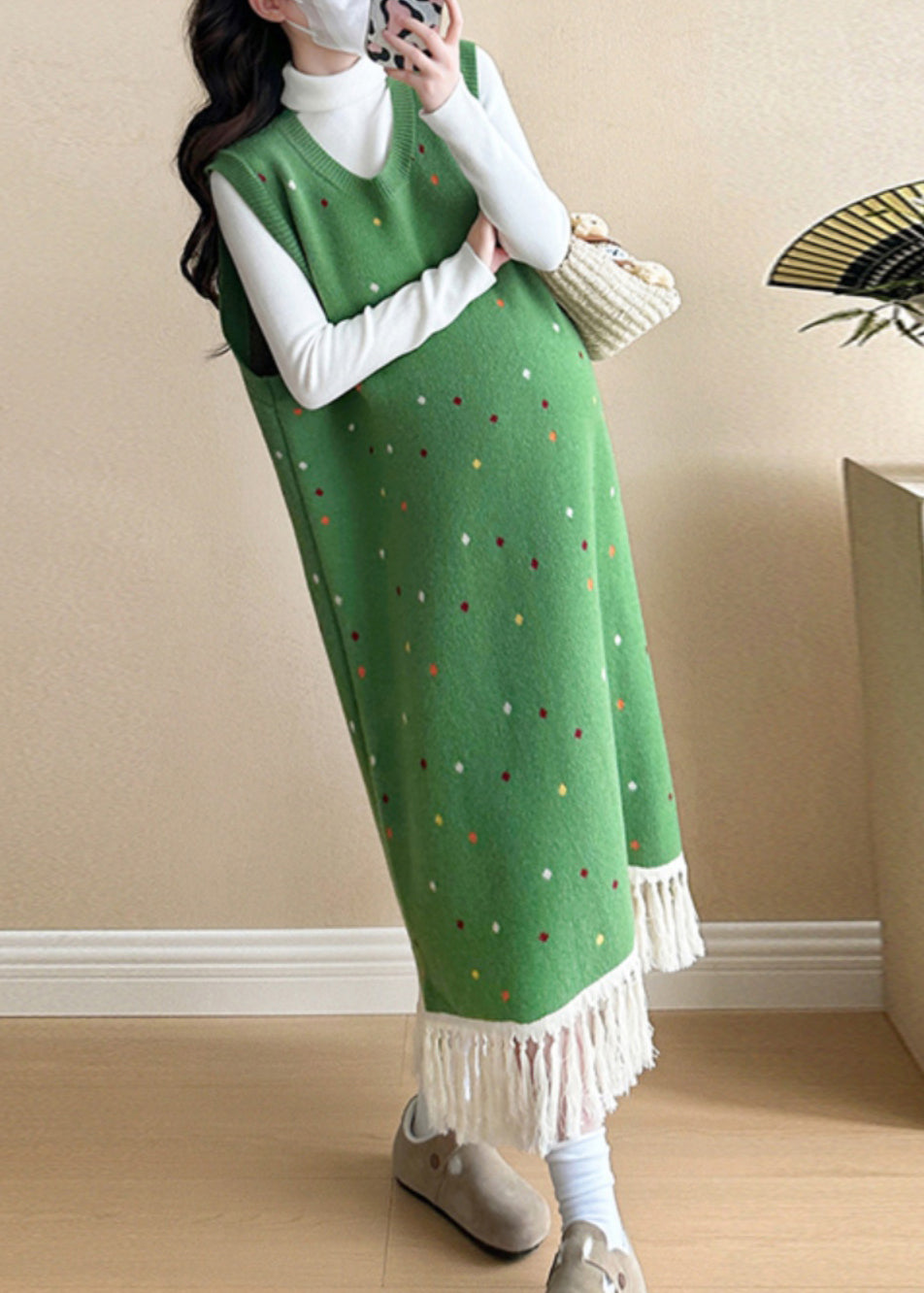 Red Tasseled Patchwork Knit Vest Long Dress Sleeveless