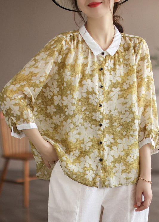 Yellow Peter Pan Collar Print Linen Shirt Long Sleeve