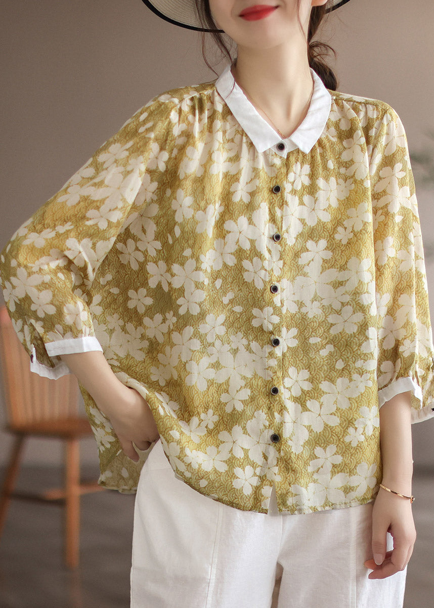 Yellow Peter Pan Collar Print Linen Shirt Long Sleeve