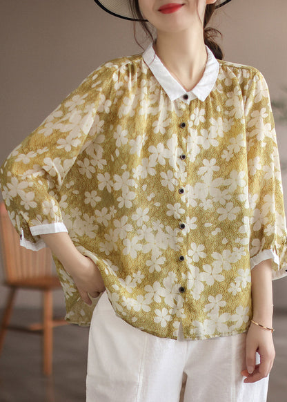 Yellow Peter Pan Collar Print Linen Shirt Long Sleeve
