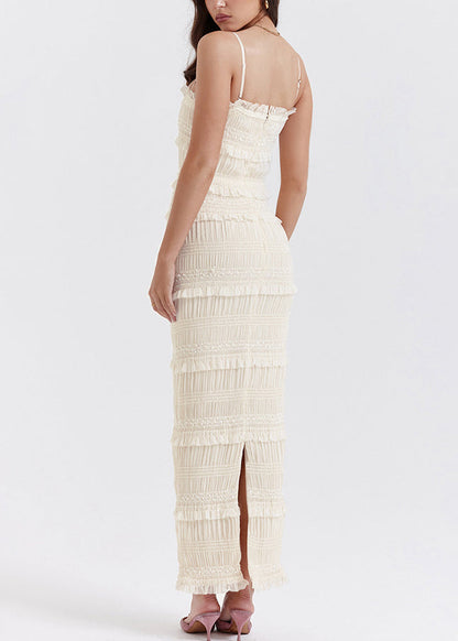 Fitted White Ruffled Patchwork Spaghetti Strap Dress Summer