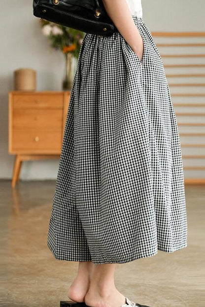 Cotton Plaid Pocket Straight Wide Leg Pants