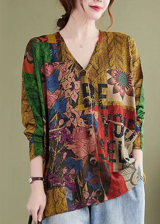 Print Patchwork Cotton Knit Coat V Neck Long Sleeve
