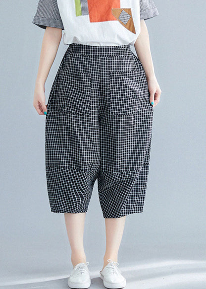Black Plaid Elastic Waist Pockets Cotton Crop Pants Trousers Summer