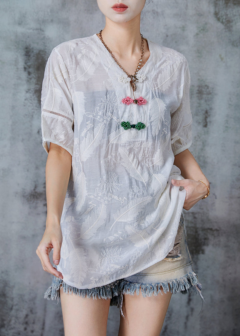 White Embroidered Chinese Button Cotton Shirt Tops Summer