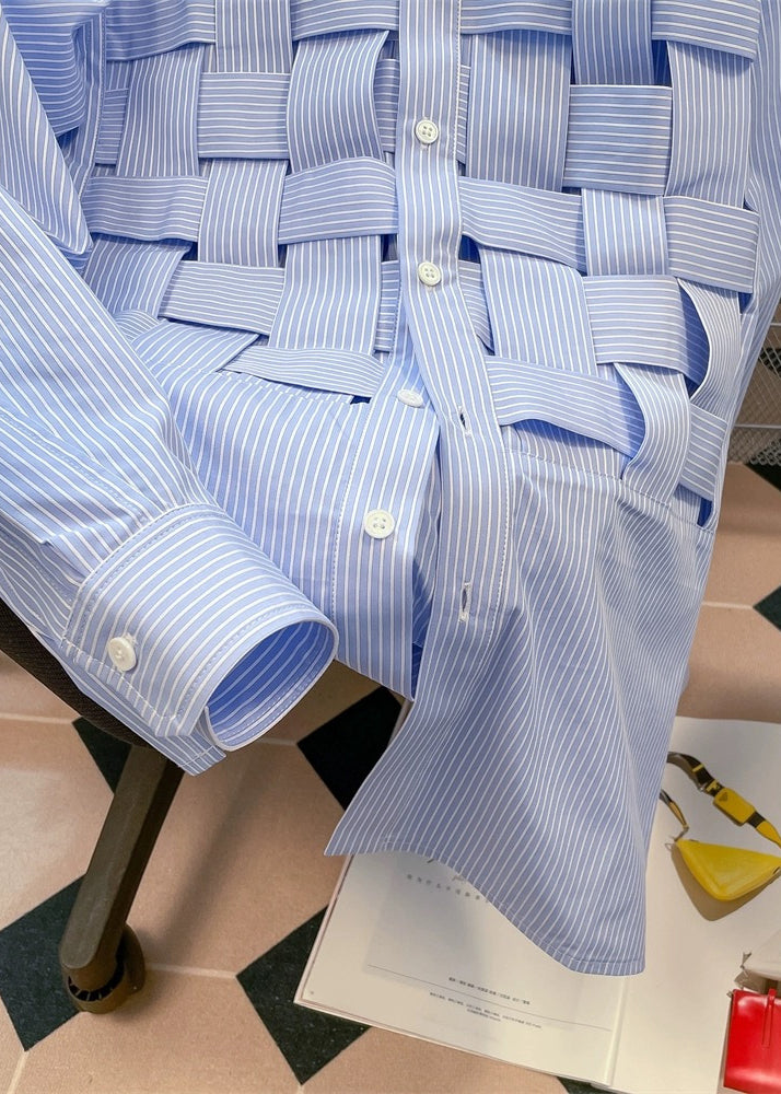 Fitted Blue Peter Pan Collar Hollow Out Plaid Cotton Shirts Fall
