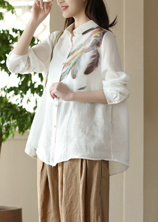 White Peter Pan Collar Print Ramie Shirts Spring