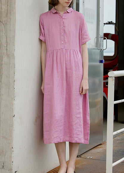 New Beige Peter Pan Collar Wrinkled Linen Long Dress Summer