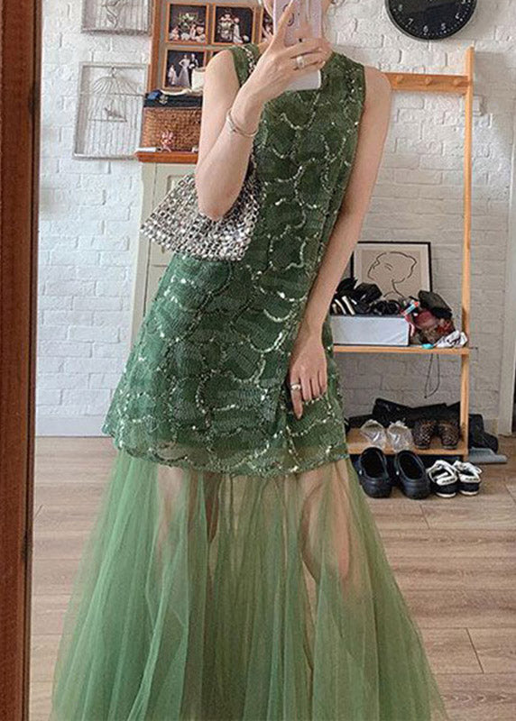 Green O-neck Patchwork Tulle Vacation Maxi Dresses Sleeveless