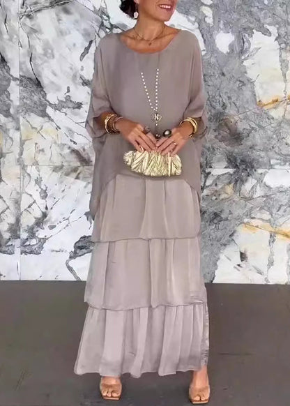 Loose Grey O Neck Chiffon Long Dress Half Sleeve
