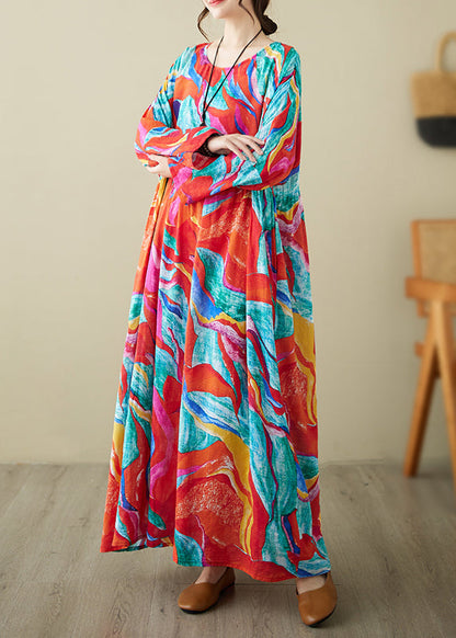 Holiday Style Red O-neck Print Loose Cotton Long Dress Summer