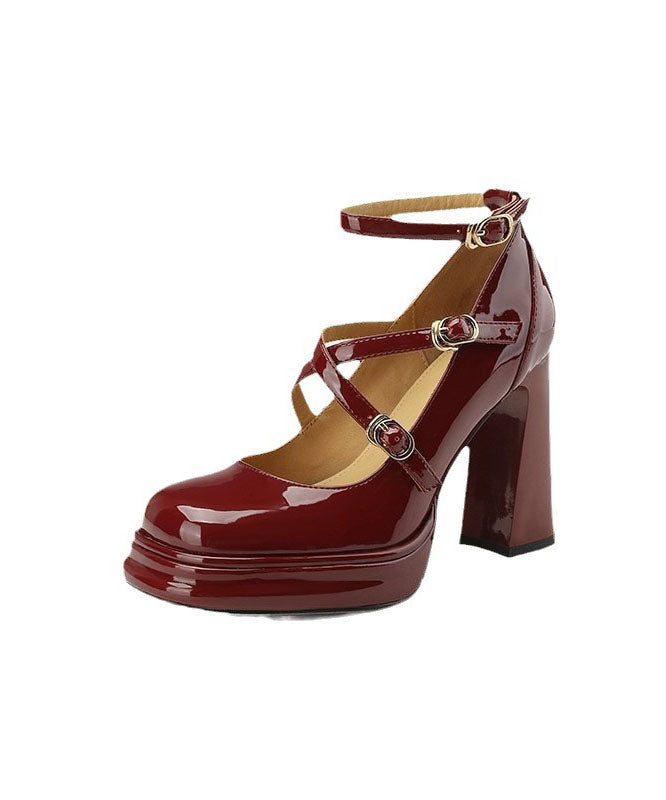 Mulberry Buckle Strap Splicing Chunky High Heels