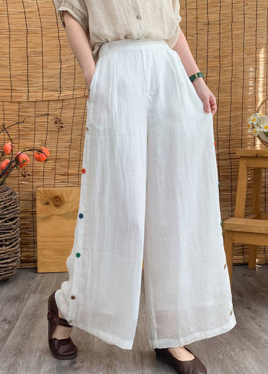 White Elastic Waist Linen Wide Leg Pants Summer