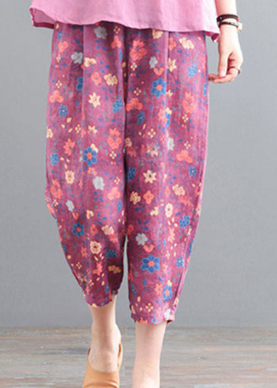 Pink Linen Tops and Pants Two Pieces Set Wrinkled Embroidered Short Sleeve