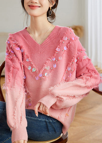 Red Gradient V Neck Tassel Sequins Knit Sweater Tops Spring