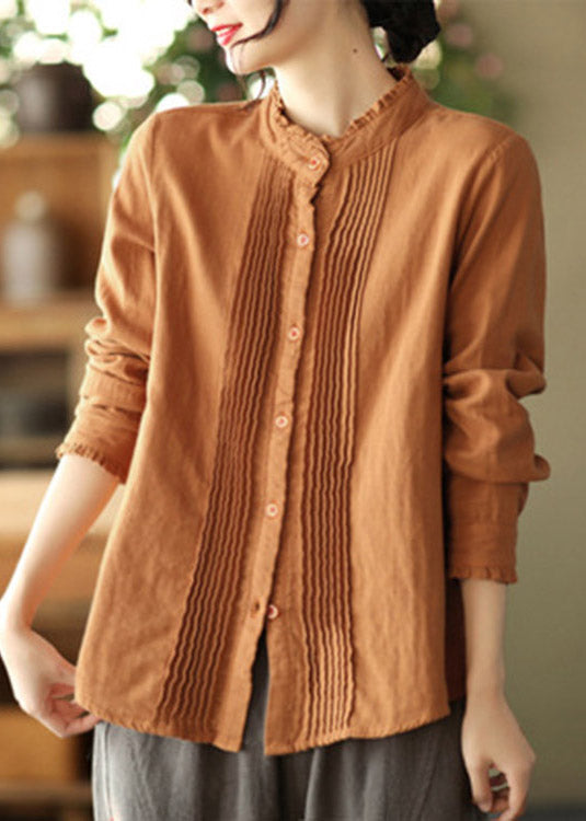 Caramel Stand Collar Button Cotton Shirt Long Sleeve