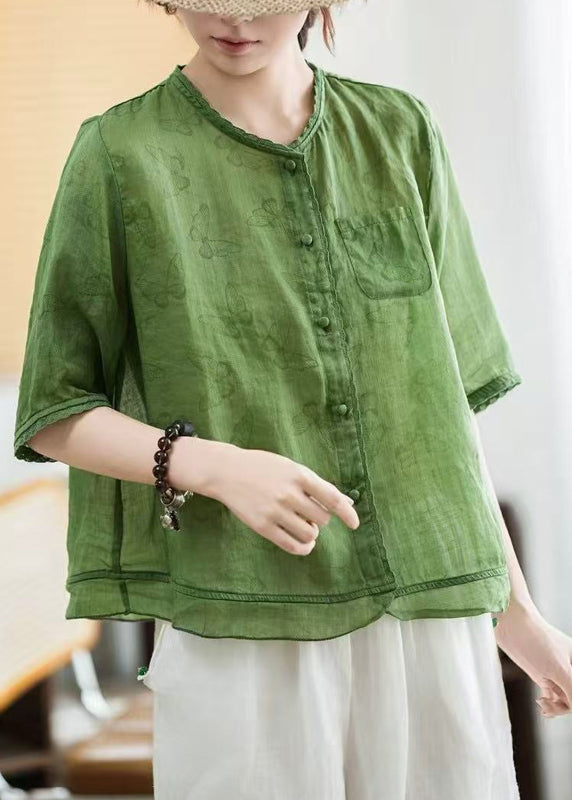 Green Butterfly Print Patchwork Linen Blouse Tops Half Sleeve