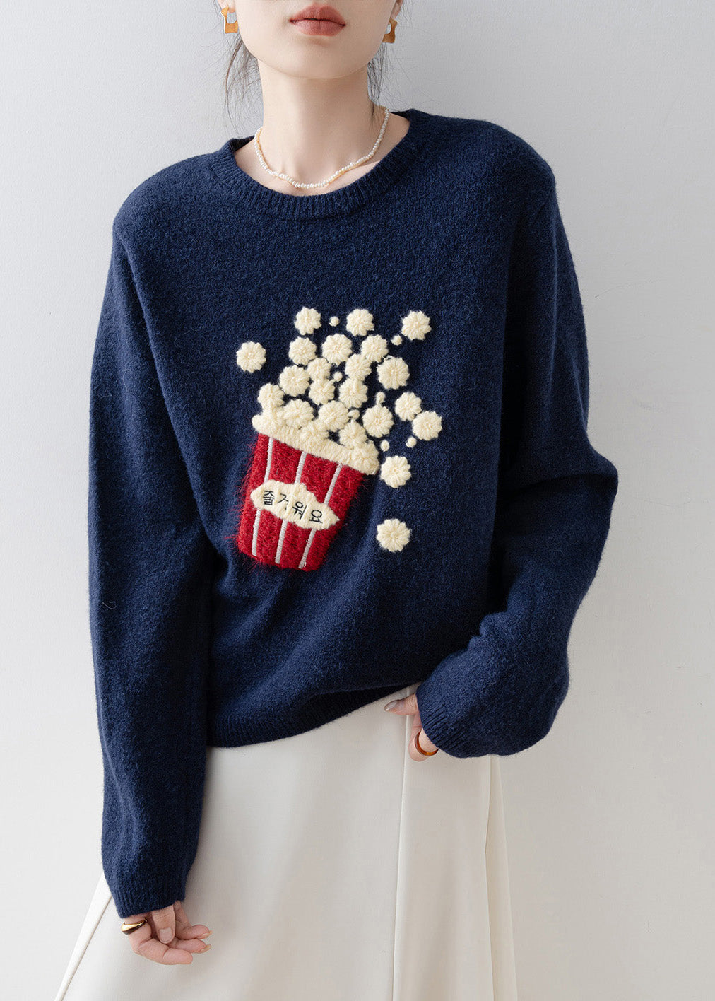 Versatile Navy O Neck Knit Sweaters Spring