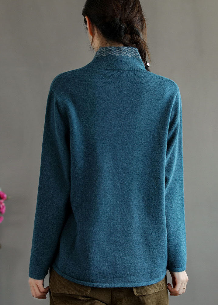Blue Button V Neck Embroidered Woolen Coats Long Sleeve