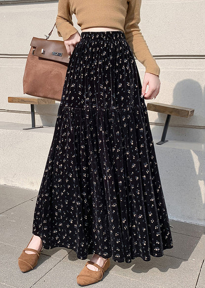 Apricot Print Wrinkled High Waist Velvet Skirts