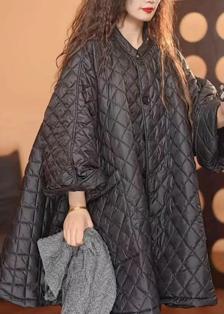 Loose Black O-neck Plaid Patchwork Button Pockets Parka Winter