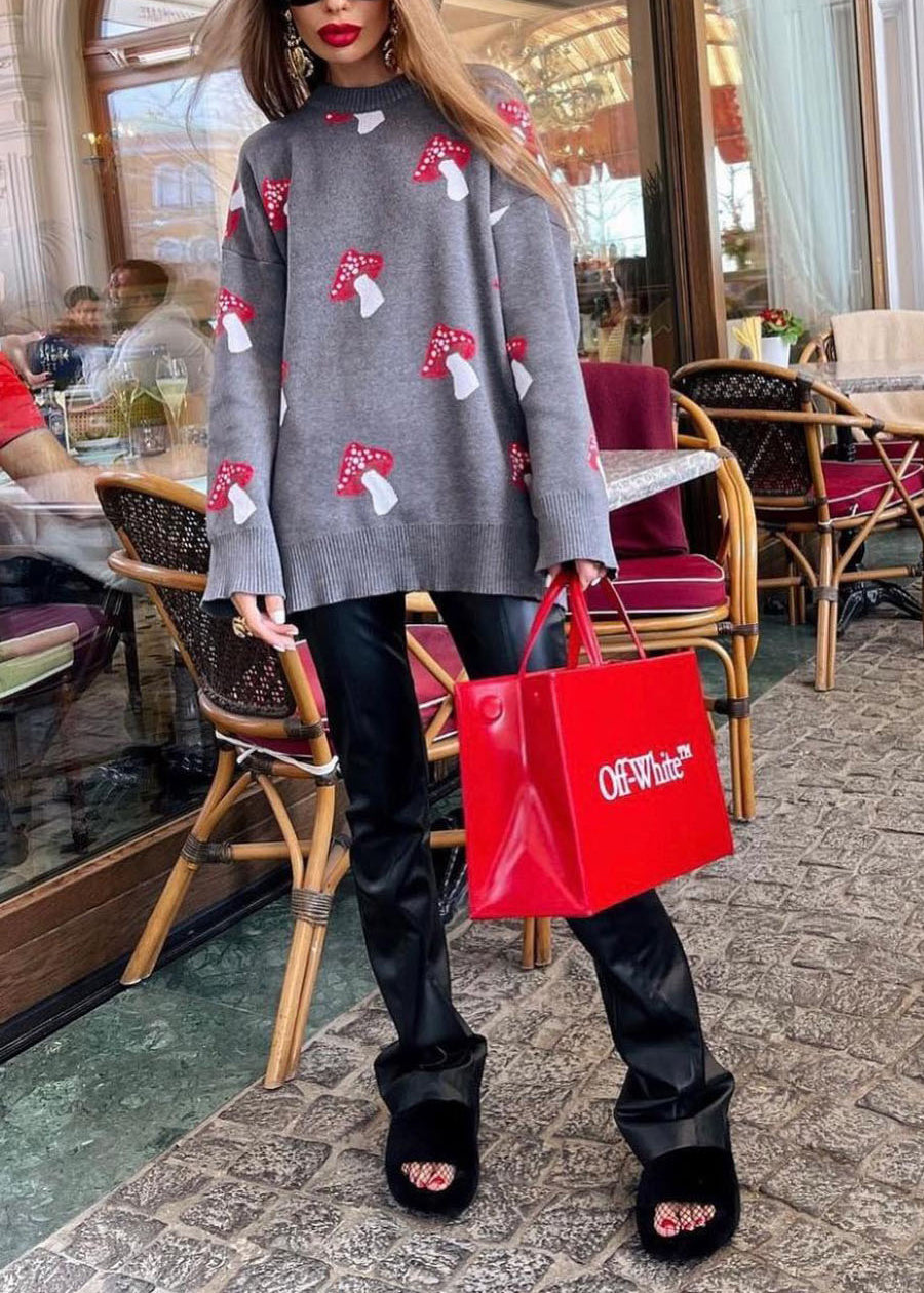 Grey O Neck Jacquard Thick Knit Sweater Fall